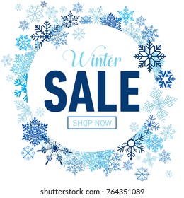 Winter sale card with blue snowflakes