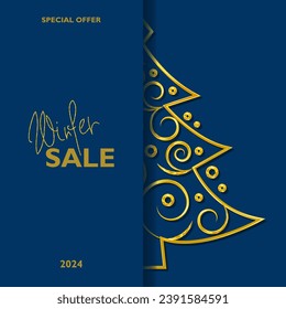 Winter sale card with golden New Year tree. Invitation card. Special offer. Vector design.