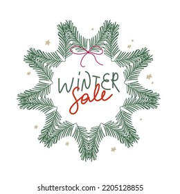 Winter sale card, label, banner. Vector winter holiday wreath with calligraphy, tree branches. Christmas background.