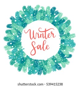 Winter sale card, label, banner. Vector winter holiday wreath with calligraphy, tree branches. Christmas background.