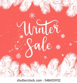 Winter sale card, label, banner. Vector winter holiday background with calligraphy, tree branches.