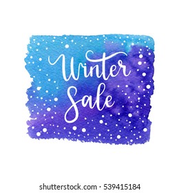 Winter sale card, label, frame. Vector holidays shape with hand lettering calligraphic, snow. Christmas space background.