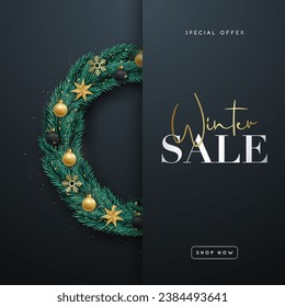 Winter Sale card. With wreath fir tree branches. Template for banner, shopping, discount.