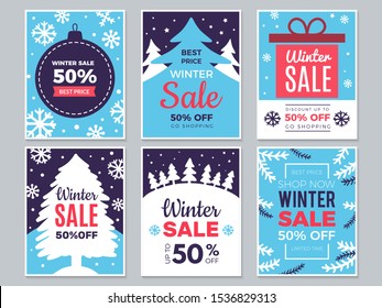 Winter sale cards. Christmas promo banners big discounts and special season offers vector labels