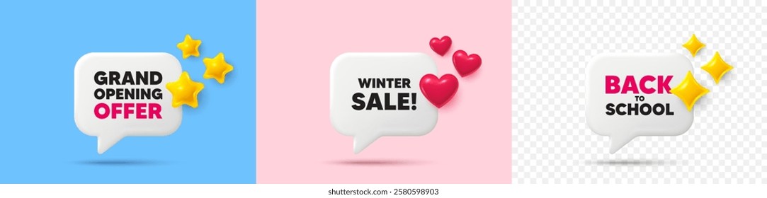 Winter sale chat speech bubble. 3d stars, sparkles, hearts chat bubbles. Winter Sale tag. Special offer price sign. Advertising Discounts symbol. Final sale, Back to school tag. Vector