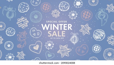 Winter sale, Christmas Cookie and ball set, Hand drawn illustration.