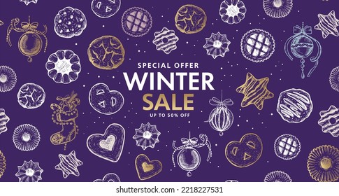 Winter sale, Christmas Cookie and ball set, Hand drawn illustration.	
