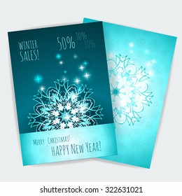 Winter sale. Christmas design vector template layout for leaflets, flayer, magazine format A-4.The image of openwork snowflakes on bright and dark blue background.Merry Christmas and happy New year.
