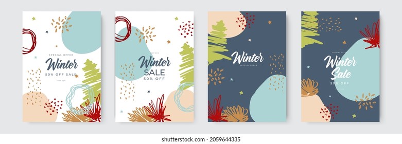 Winter sale and Christmas holiday cards with organic and hand drawn style. Collection of abstract background designs, winter sale, social media promotional content. Vector illustration