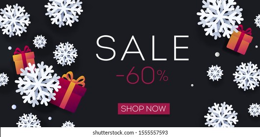 winter Sale Christmas poster with white realistic 3d snowflakes and gift boxes on black backdrop, digital banner with shop now button