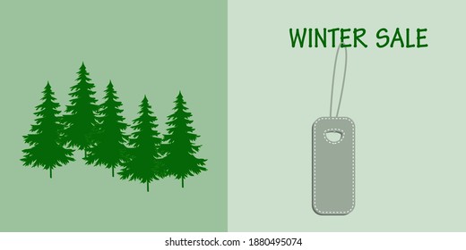 Winter sale. Christmas trees, label - vector. Banner horizontal.
