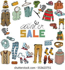 Winter Sale Clothing and Accessories Banner. Hand Drawn Doodle Illustration with text.