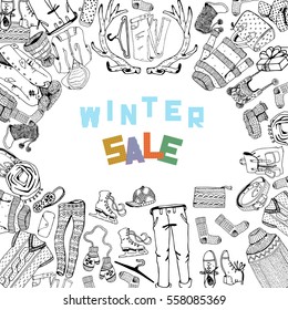 Winter Sale Clothing and Accessories Banner. Hand Drawn Doodle Illustration with Text.