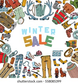 Winter Sale Clothing and Accessories Banner. Hand Drawn Doodle Illustration with text.