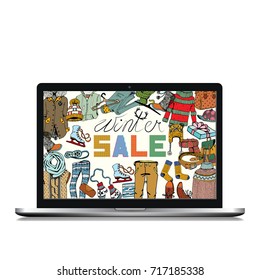 Winter Sale Clothing and Accessories Banner. Isolated Laptop with Hand Drawn Doodle on white Background and Text. Online Shopping Concept.