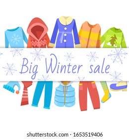 Winter sale clothing banner vector illustration with text, jacket, coat and pants, boots. Winter cloths sale and discout banner.