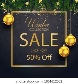 Winter sale collection with fir branches and balls