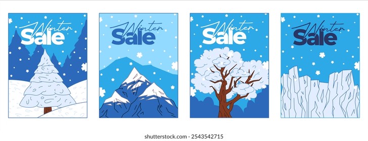 Winter sale collection poster brochure holiday special offer promotion seasonal advertising ads nature object scenery set colorful snow trees mountain set cover design