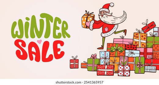 Winter Sale color doodle banner. Santa Claus and whole lot of gifts. Merry Christmas background. Groovy lettering. For invitation, congratulation, web, cards. Vector illustration.