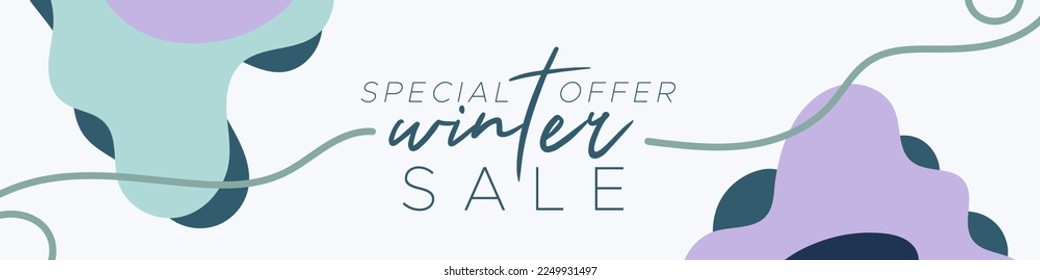 Winter sale colorful banner. Abstract organic wavy shapes background. For newsletter, web header, social media post, promotional banner, advertising and identity. Vector illustration, flat design