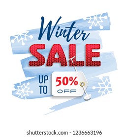 Winter Sale. Colorful banner with red knitted font, price tag and sales text on Watercolor background. Vector illustration.