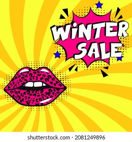 venta de invierno. Explosión de historietas con texto - venta de invierno. Ilustración de dibujos animados brillantes en estilo retro de arte pop. Se puede usar para negocios, marketing y publicidad.  Cómic de arte pop de volante 