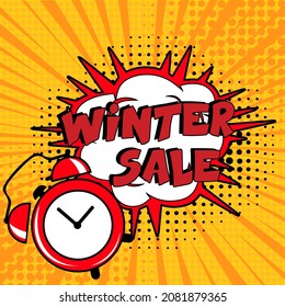 Winterverkauf. Comic Buch Explosion mit Text - Winterverkauf. Vektorhelle Cartoon-Illustration im Retro-Pop-Art-Stil. Kann für Business, Marketing und Werbung verwendet werden.  Pop-Art-Comic für Banner-Flyer 