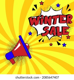 venta de invierno. Explosión de historietas con texto - venta de invierno. Ilustración de dibujos animados brillantes en estilo retro de arte pop. Se puede usar para negocios, marketing y publicidad.  Cómic de arte pop de volante 