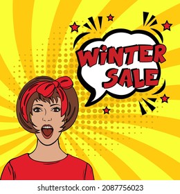 Winterverkauf. Comic Buch Explosion mit Text - Winterverkauf. Vektorhelle Cartoon-Illustration im Retro-Pop-Art-Stil. Kann für Business, Marketing und Werbung verwendet werden.  Pop-Art-Comic für Banner-Flyer 