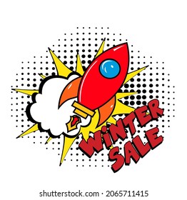 Winter Sale comic texto pop art anuncio. Estilizada burbuja de habla retro-cómica. Texto de expresión Winter Sale. Perfecto para banner de descuento de ventas, afiche. Ilustración vectorial, diseño vintage, pop a