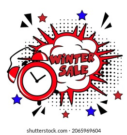 Winter Sale comic text pop art advertise. Stylish colorful retro comic speech bubble. Expression text Winter Sale. Perfect for sales discount banner, poster. Vector illustration, vintage design, pop a