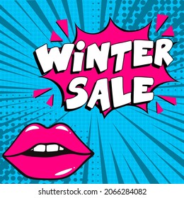 Winter Sale comic text pop art advertise. Stylish colorful retro comic speech bubble. Expression text Winter Sale. Perfect for sales discount banner, poster. Vector illustration, vintage design, pop a