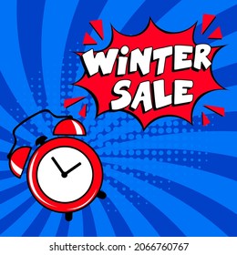 Winter Sale comic text pop art advertise. Stylish colorful retro comic speech bubble. Expression text Winter Sale. Perfect for sales discount banner, poster. Vector illustration, vintage design, pop a
