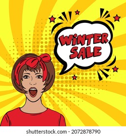 Winter Sale comic text pop art advertise. Stylish colorful retro comic speech bubble. Expression text Winter Sale. Perfect for sales discount banner, poster. Vector illustration, vintage design, pop a