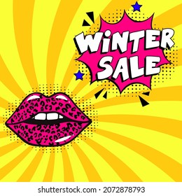 Winter Sale comic texto pop art anuncio. Estilizada burbuja de habla retro-cómica. Texto de expresión Winter Sale. Perfecto para banner de descuento de ventas, afiche. Ilustración vectorial, diseño vintage, pop a