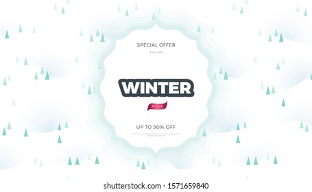 Winter Sale commercial banner. Retro style vector colorful background, cute template with pine tree forest, snow for poster or web page design