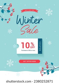 Winter Sale coupon template poster vector design. Cherry branch on winter background	
