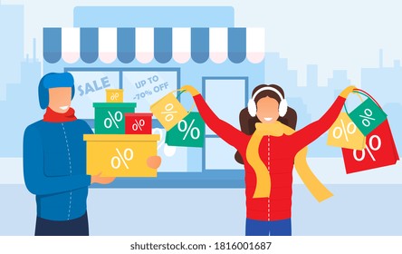 Winter Sale customers with lots of discounted purchases carrying boxes and bags smiling happily, colored vector illustration