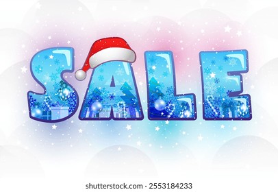 Anuncio lindo de la VENTA del invierno con los artículos decorativos de la x mas y la inscripción del estilo 3D S A L E. Fondo nevado. Diseño colorido. Anuncio publicitario. Elementos aislados. Feliz Navidad, compras de Nuevo año.