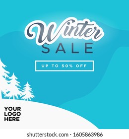 Winter sale design banner with discount offer. Snowy trees in background