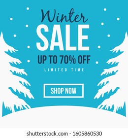 Winter sale design banner with snowy trees and falling snow