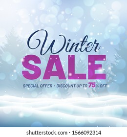 Winter sale design with snow landscape. Special offer discount up to 75% off. Christmas sale event. Retail banner with snowdrift and pine tree. Advertising layout for promotion and marketing campaign