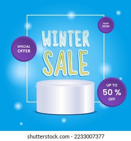 Winter sale design template with podium and frame. simple, minimal and elegant. blue, purple, white and yellow. for poster, banner and promotion. Vector illustration