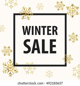 Winter Sale design. Text Box. Delicate golden snowflakes background. Winter Frame. Label, banner template. Vector illustration EPS10