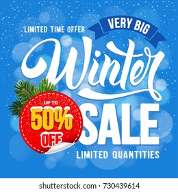 Winter Sale. Design of trendy and bright advertising layout with calligraphic inscription and sticker with discount percentage. Vector illustration.