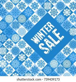 Winter Sale. Design of trendy and unusual advertising layout with pattern with snowflakes. Vector illustration.