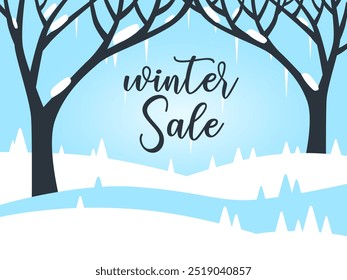 Winter Sale design witn frozen landscape, trees covered with snow, vector