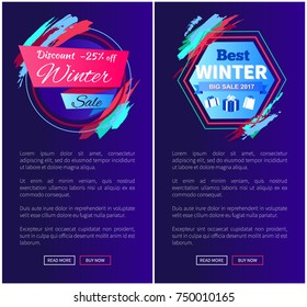 Winter sale discount -25% off, collection of internet pages with emblems, text and buttons, saying read more and buy now vector illustration