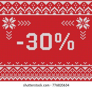 Winter sale discount banner. Ugly sweater. Vector illustration Handmade knitted background pattern with scandinavian ornaments. White, red, colors. Flat style