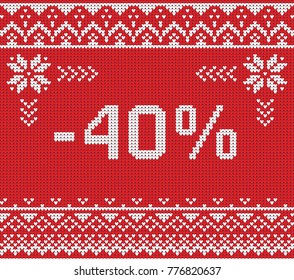 Winter sale discount banner. Ugly sweater. Vector illustration Handmade knitted background pattern with scandinavian ornaments. White, red, colors. Flat style